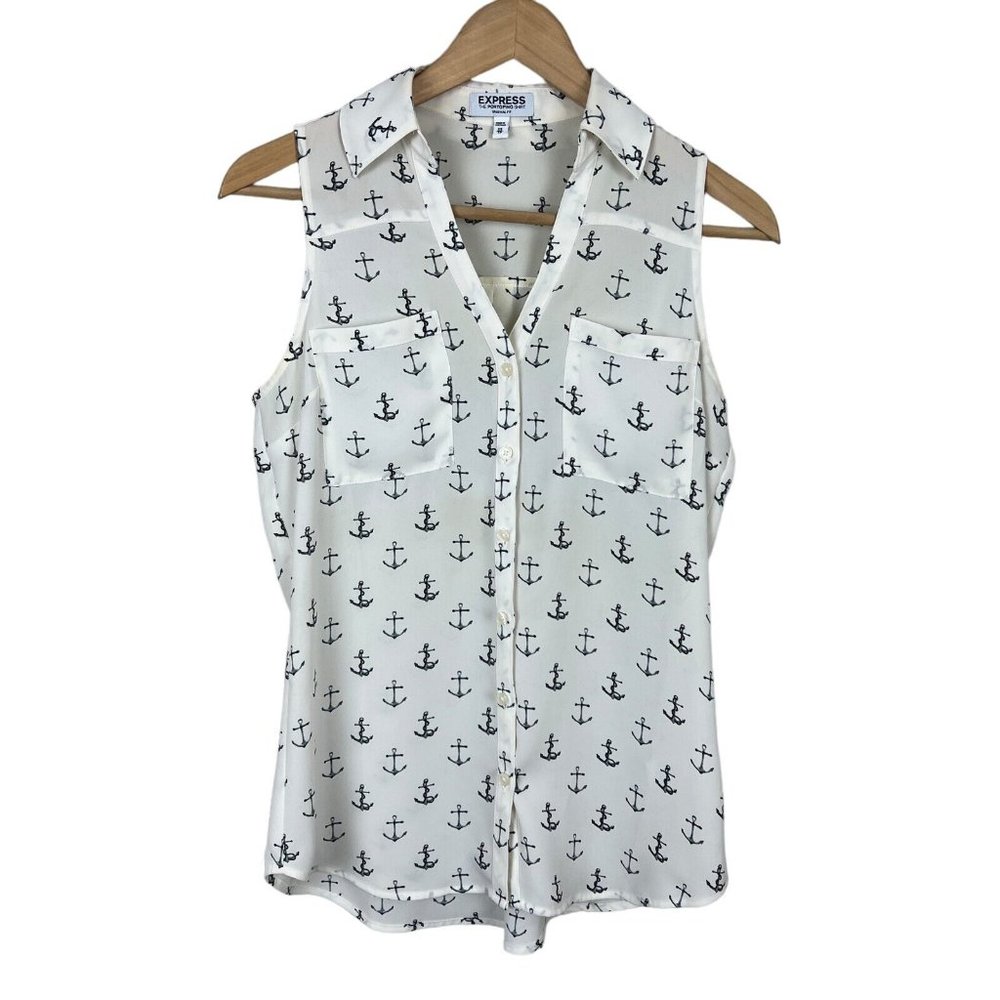 Express Portofino Shirt Womens XS Cream Anchor Sleeveless‎ Original Fit Tank Top